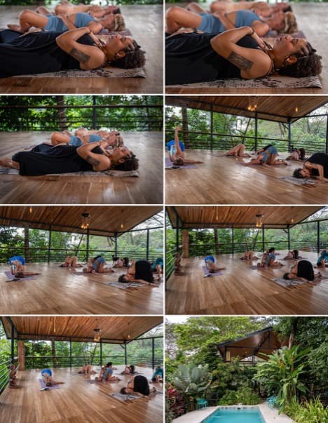 Collage of yoga, breathwork, and pavilion scenes from the Villa Wanderlust retreat experience